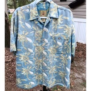 Joe Marlin Mens L Blue Hawaiian Shirt Tan & Green Leaf‎ Print Cork Buttons
